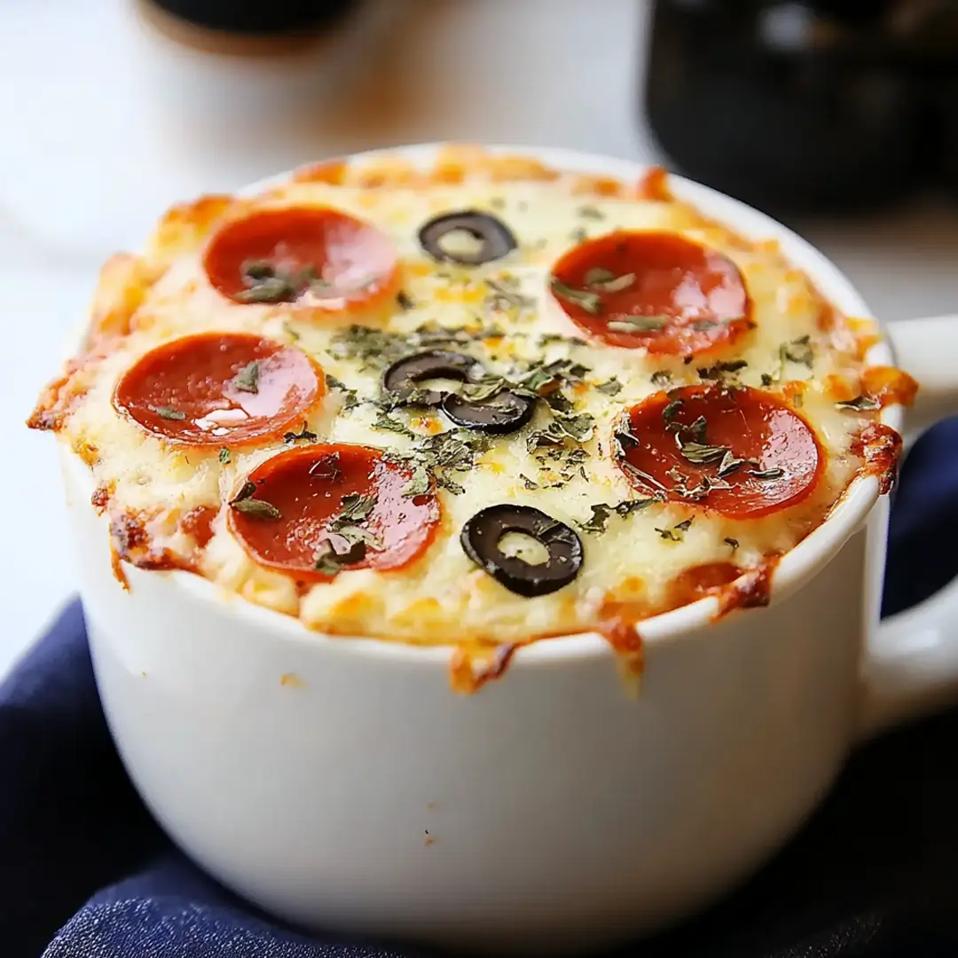 Close-up of a pizza in a mug with melted cheese, pepperoni, olives, and herbs