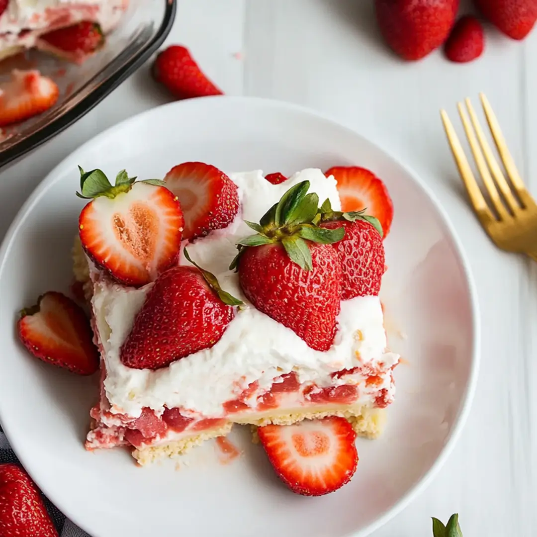 Strawberry lasagna slice topped with whole and sliced strawberries on a white plate