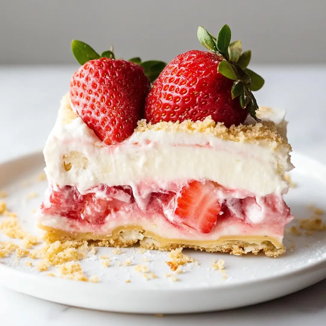 Strawberry lasagna slice layered with cream, fresh strawberries, and crumbly crust