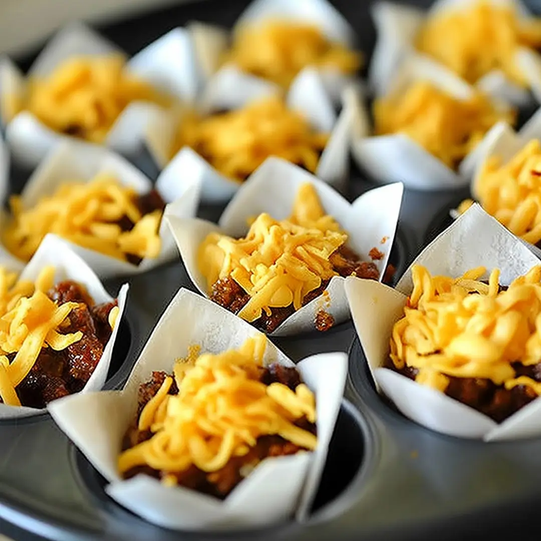 Unbaked taco cupcakes with ground beef and shredded cheddar in muffin tin
