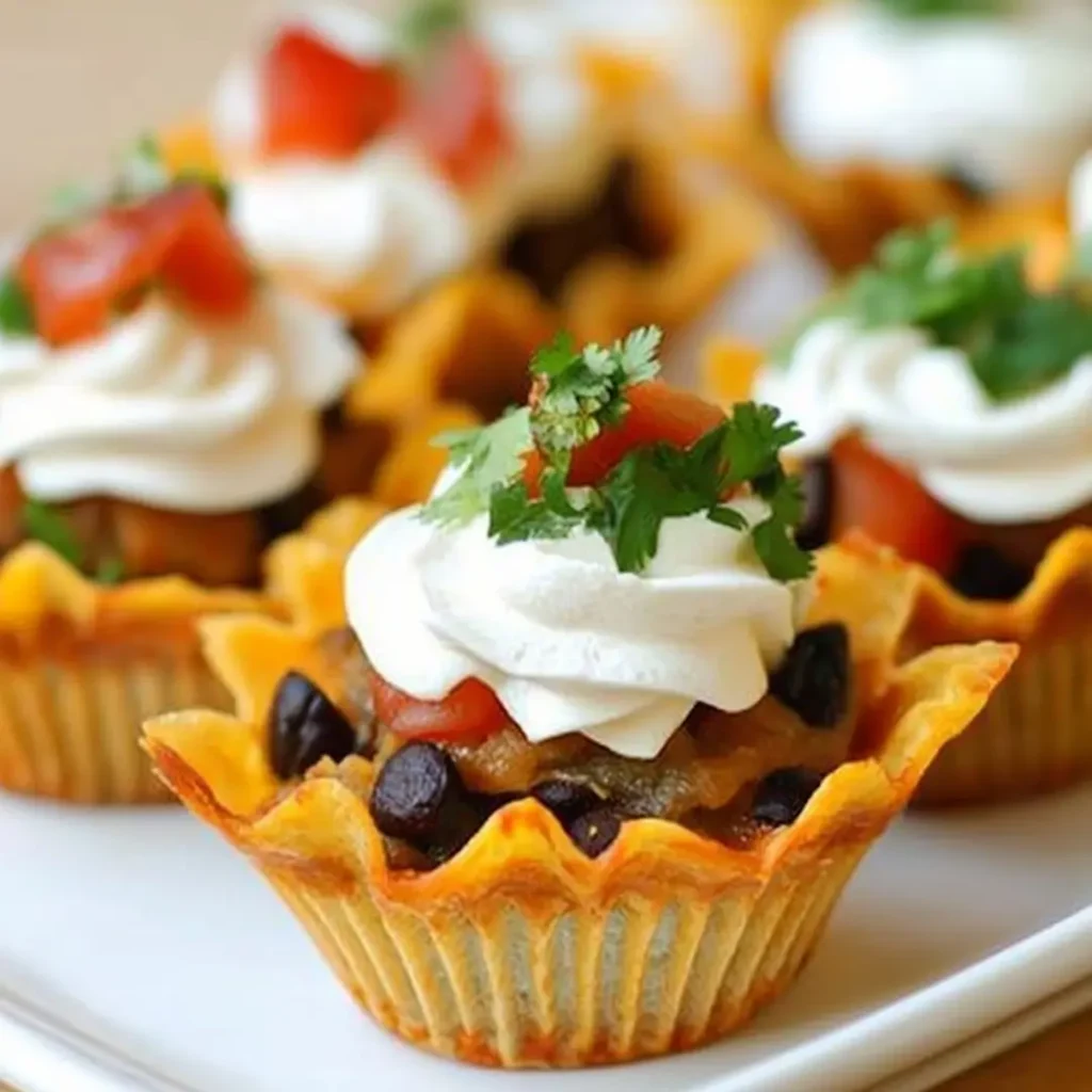 Taco cupcakes topped with sour cream, tomatoes, and fresh cilantro