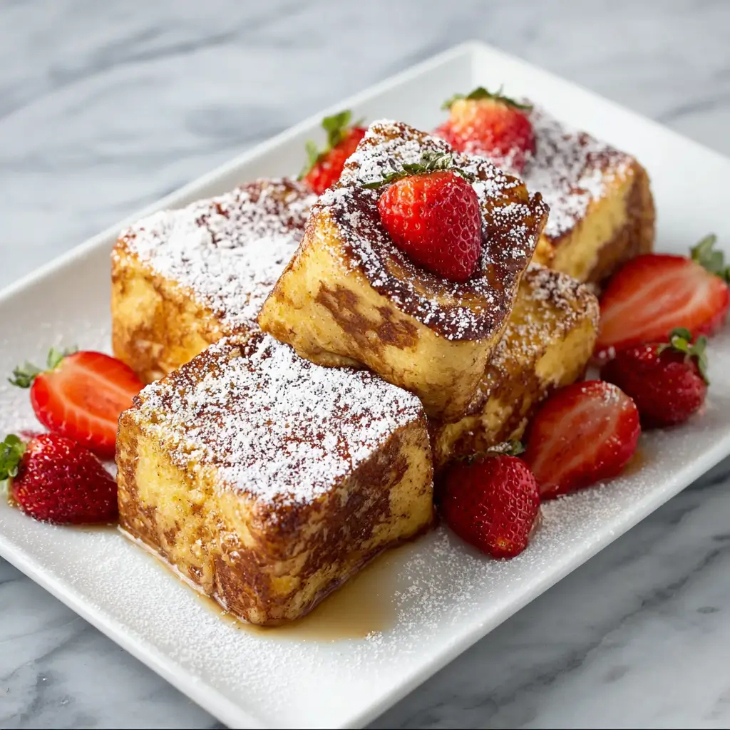 Golden-brown Hawaiian roll French toast on a rectangular white plate, generously dusted with powdered sugar and garnished with fresh strawberries