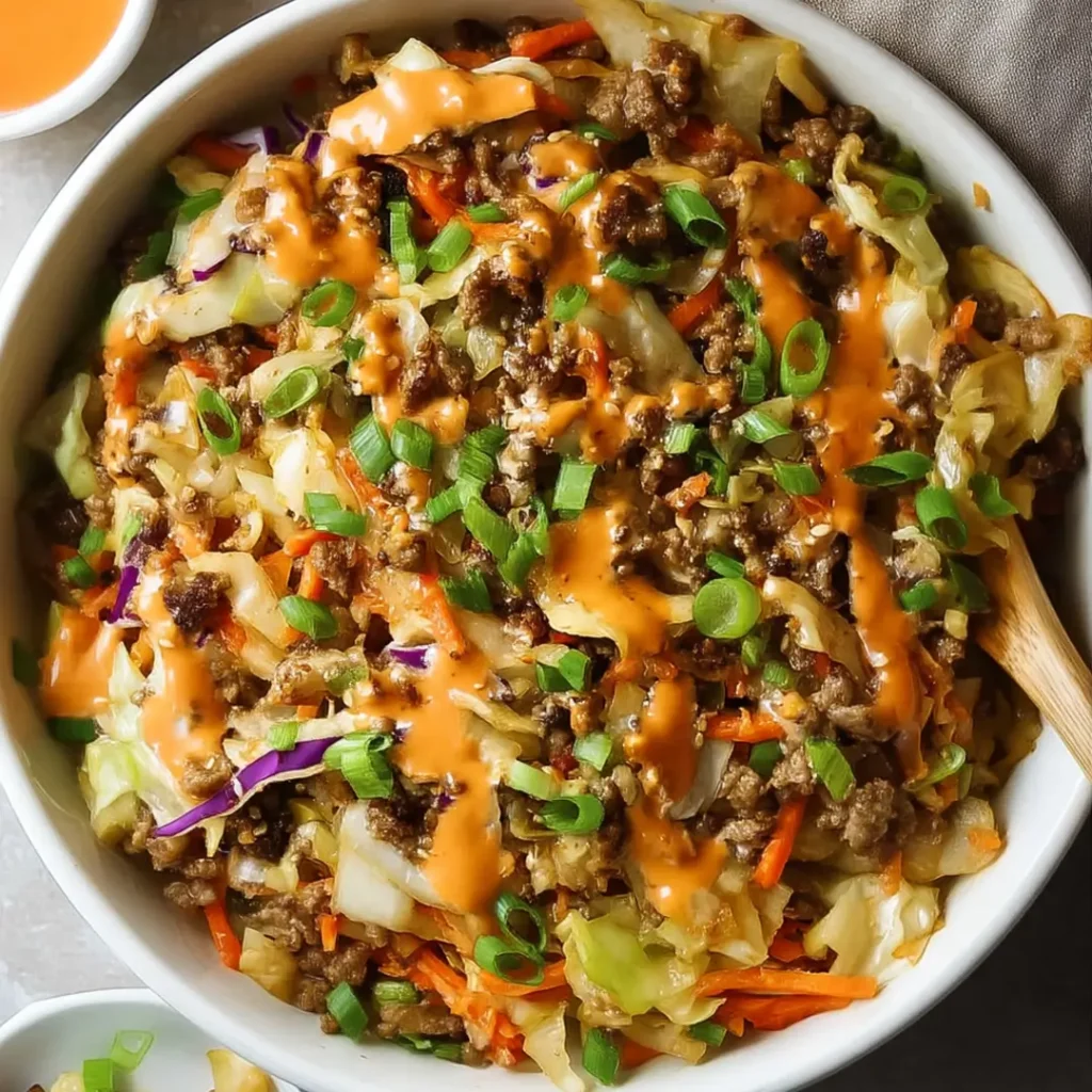 Weight Watchers egg roll in a bowl with ground meat, cabbage, carrots, and spicy sauce