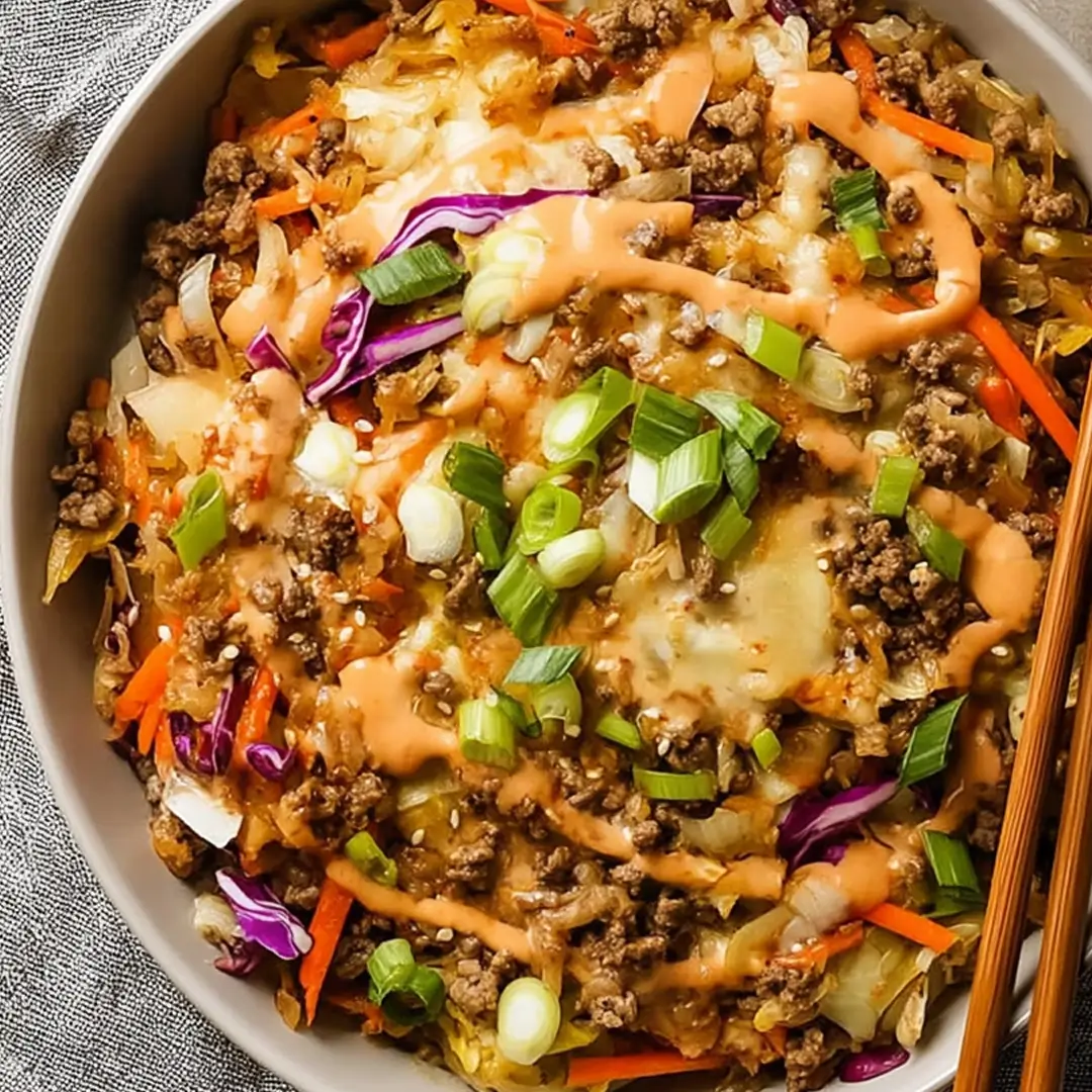 Weight Watchers egg roll in a bowl topped with green onions and spicy sauce