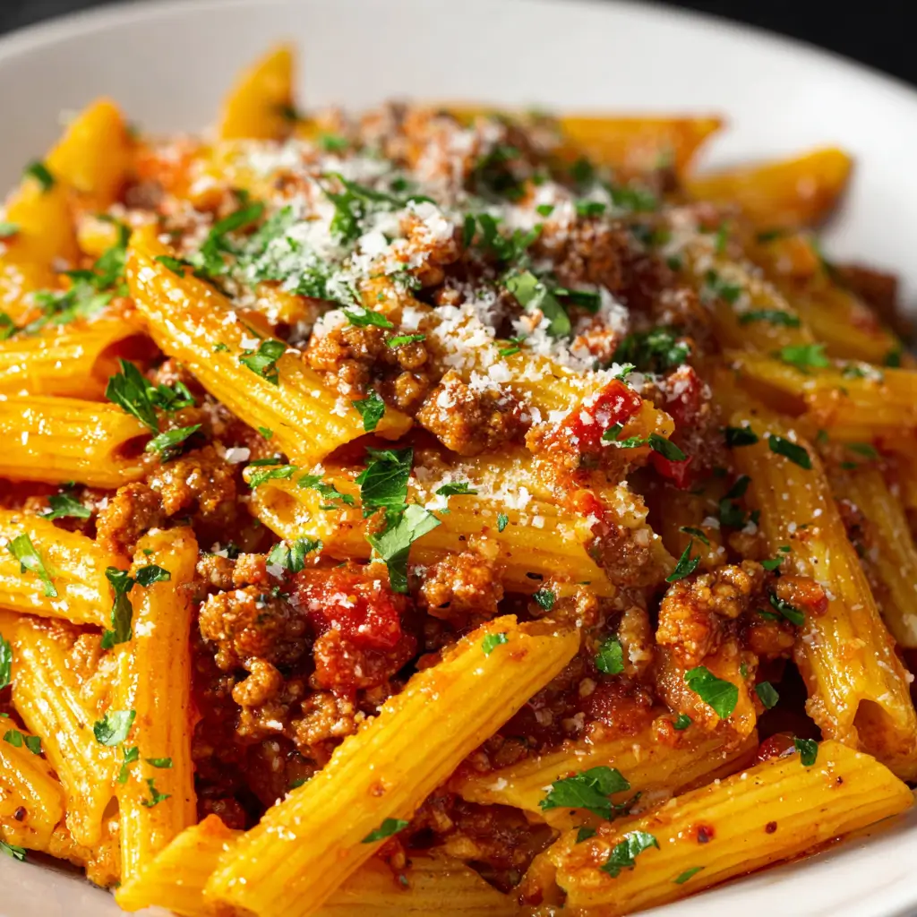 A side-view shot of penne pasta with sausage in a white bowl, featuring a hearty meat sauce, chopped parsley, and a generous topping of grated parmesan cheese.
