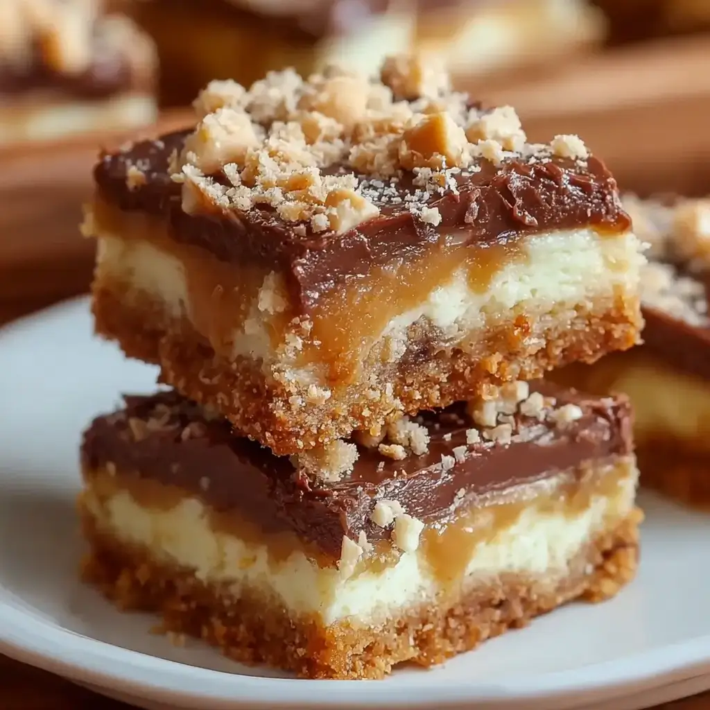 Two decadent cake mix toffee bars stacked on a white plate, showing the buttery crust, creamy cheesecake layer, gooey caramel, and rich chocolate toffee topping.