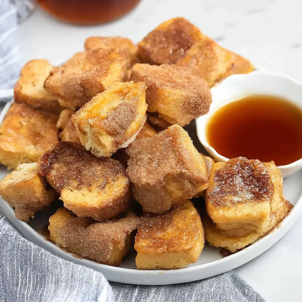 Plate of cinnamon roll french toast bites with syrup on the side.