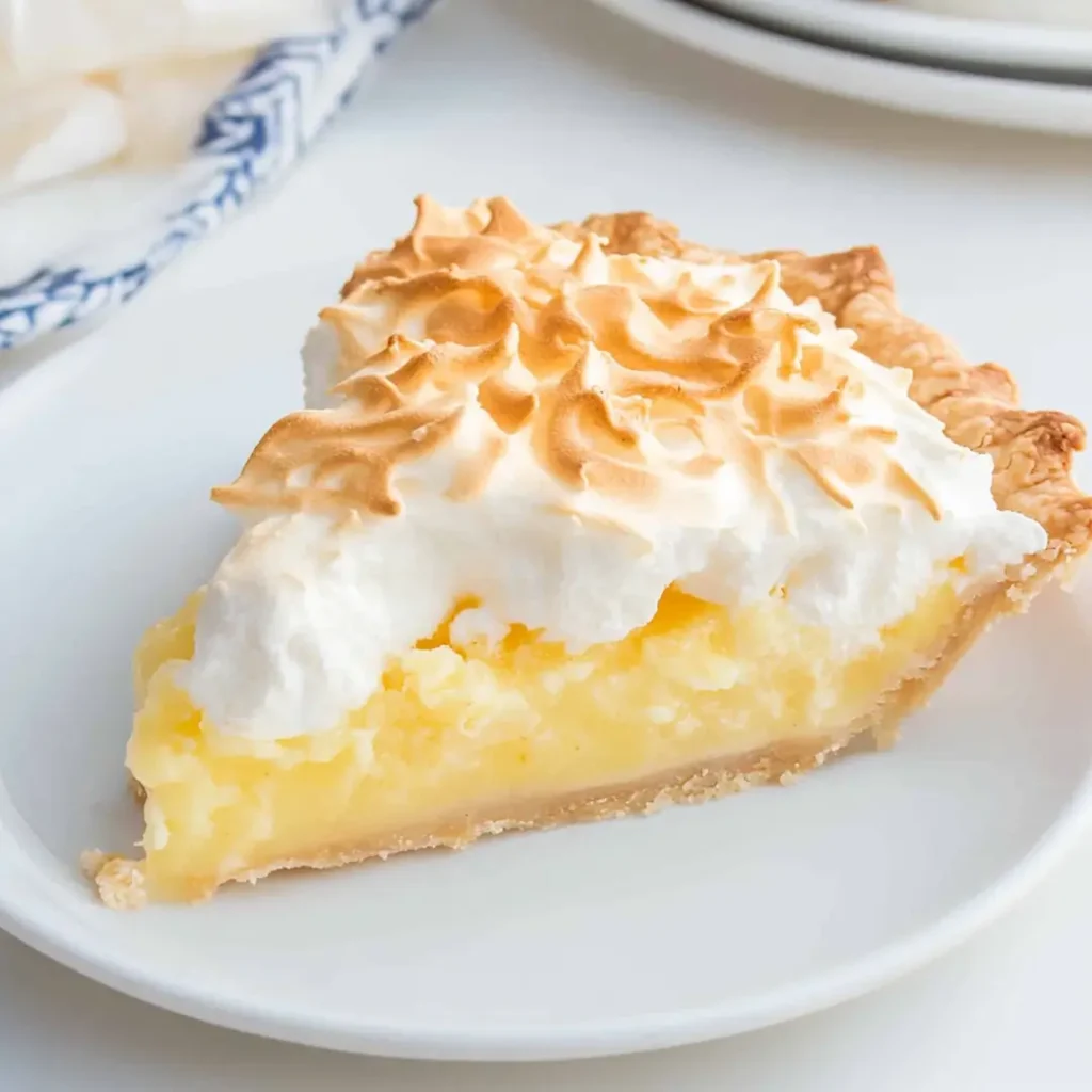 Slice of coconut meringue pie with golden toasted topping and creamy coconut filling.