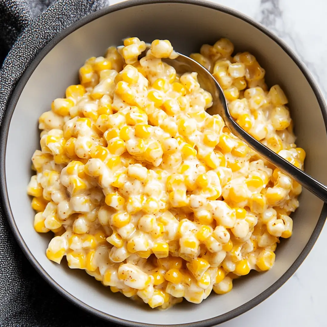Bowl of creamy honey butter skillet corn with a spoon on the side.
