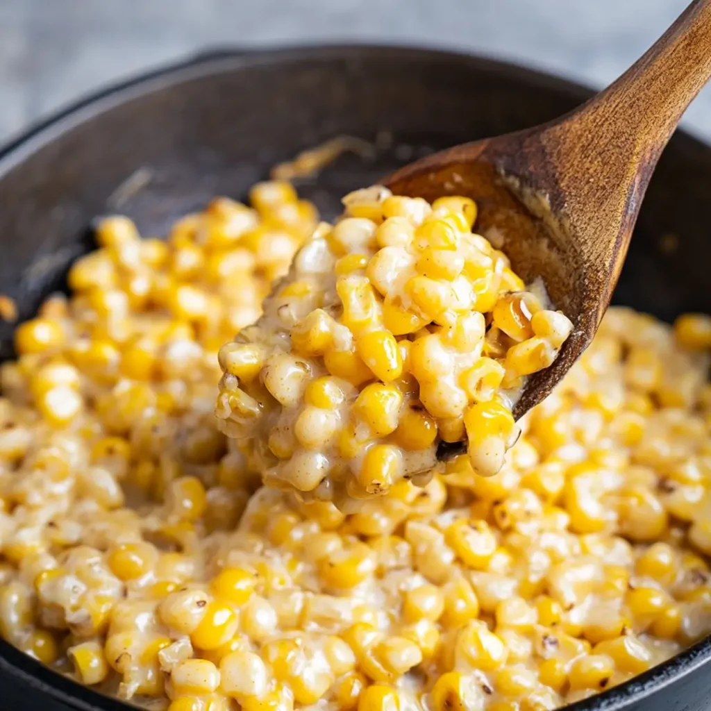 Close-up of creamy honey butter skillet corn being scooped with a wooden spoon.