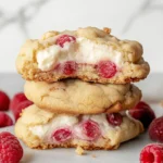 Close-up of Raspberry cheesecake cookie with creamy cheesecake filling and fresh raspberries.