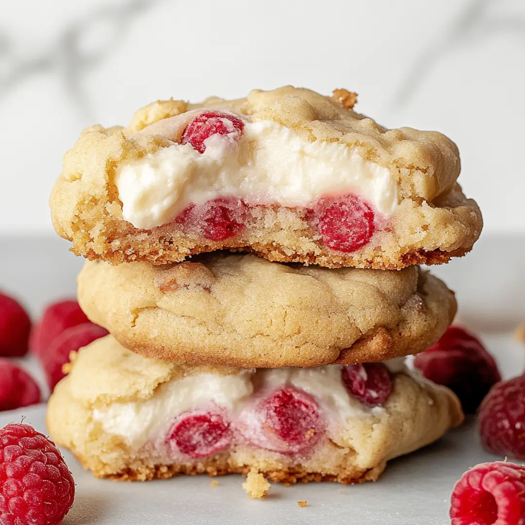 Close-up of Raspberry cheesecake cookie with creamy cheesecake filling and fresh raspberries.