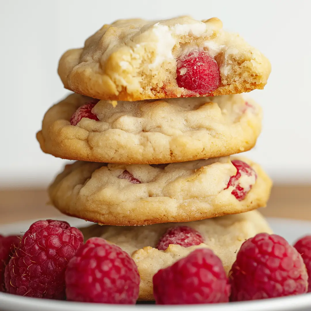Stack of soft Raspberry cheesecake cookies with fresh raspberries on a plate.