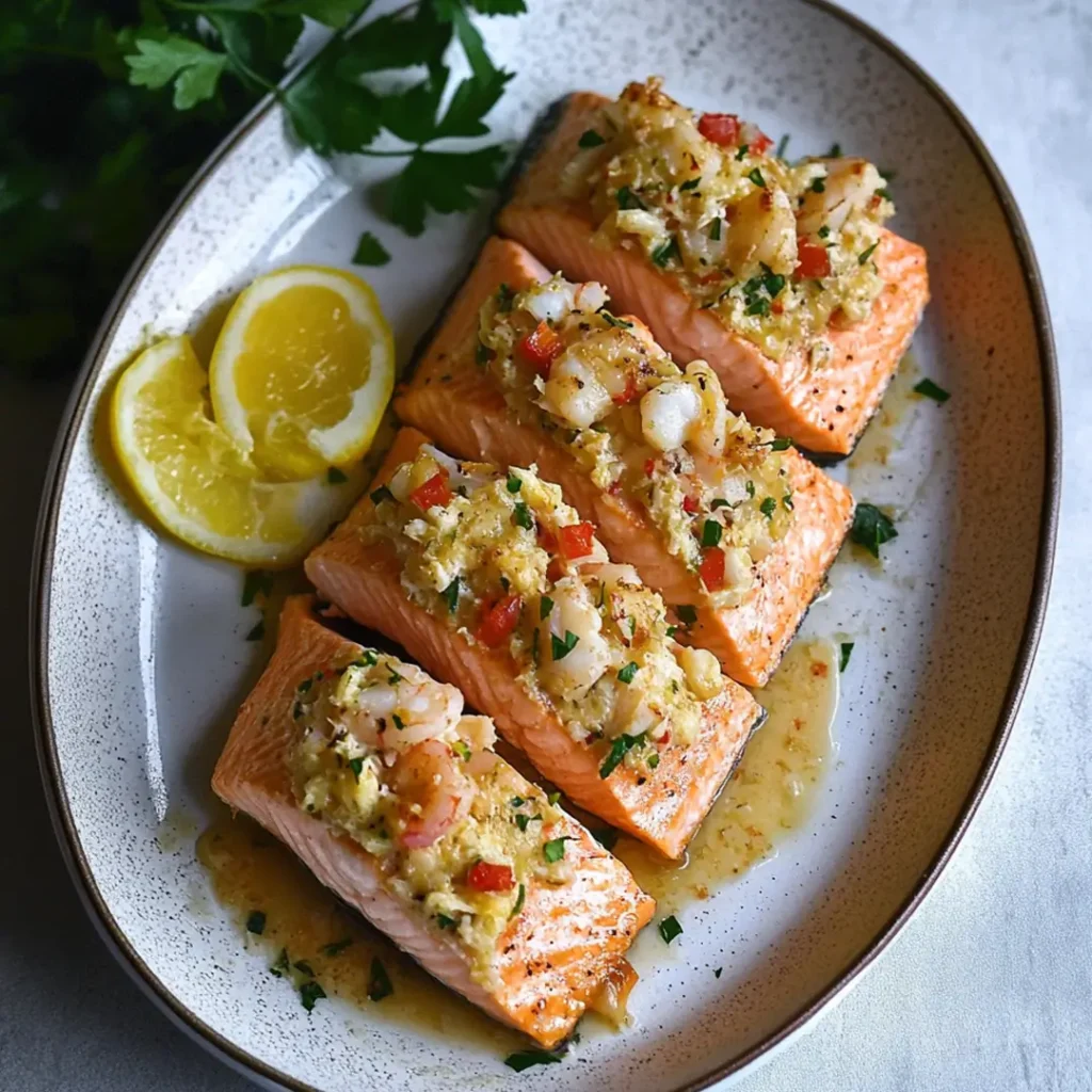 Crab and shrimp stuffed salmon fillets topped with seafood filling and garnished with lemon.