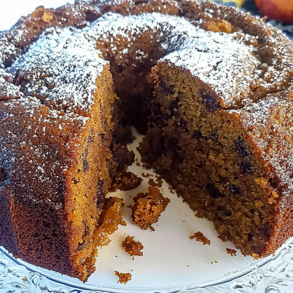 Moist and spiced Amish applesauce cake with a rich crumb and powdered sugar topping.