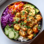 Bang bang chicken bowl with crispy chicken, creamy sauce, avocado, purple cabbage, cucumber, carrot, and radish over rice