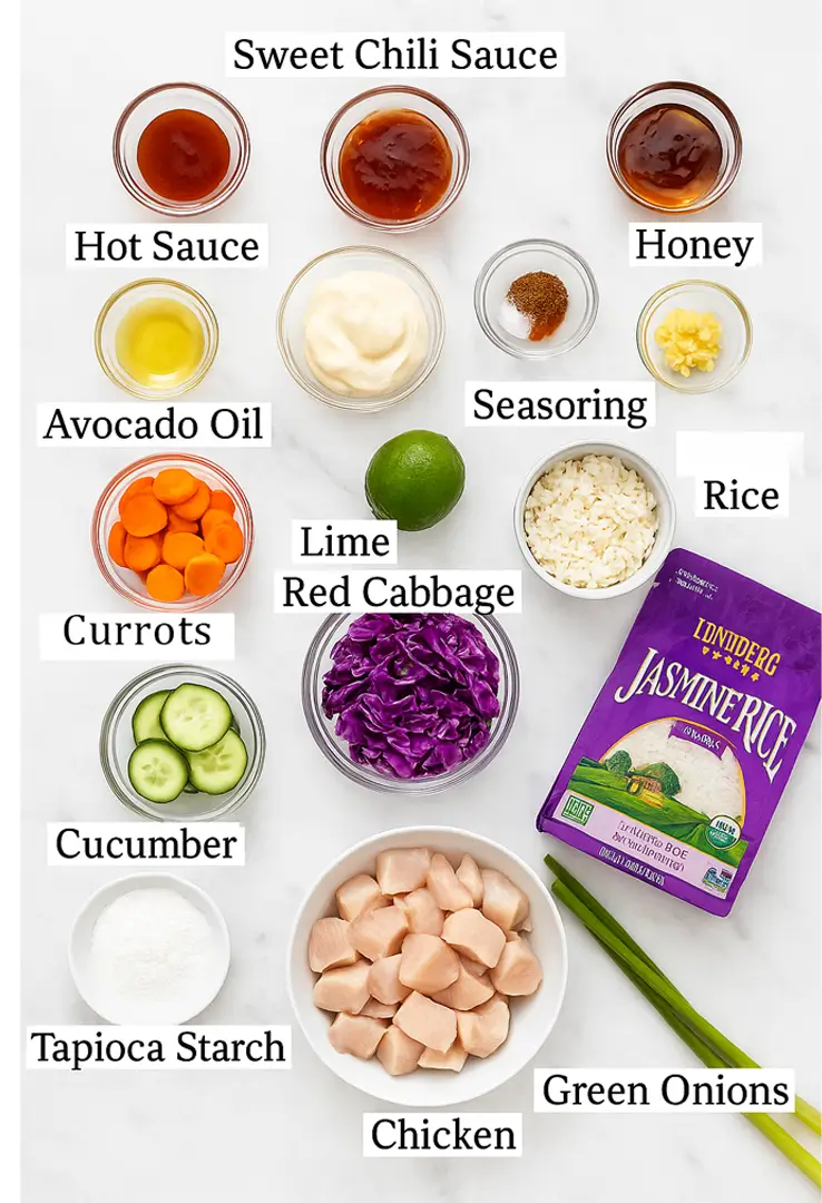 Bang Bang Chicken Bowl ingredients including chicken, rice, veggies, sauces, and seasonings