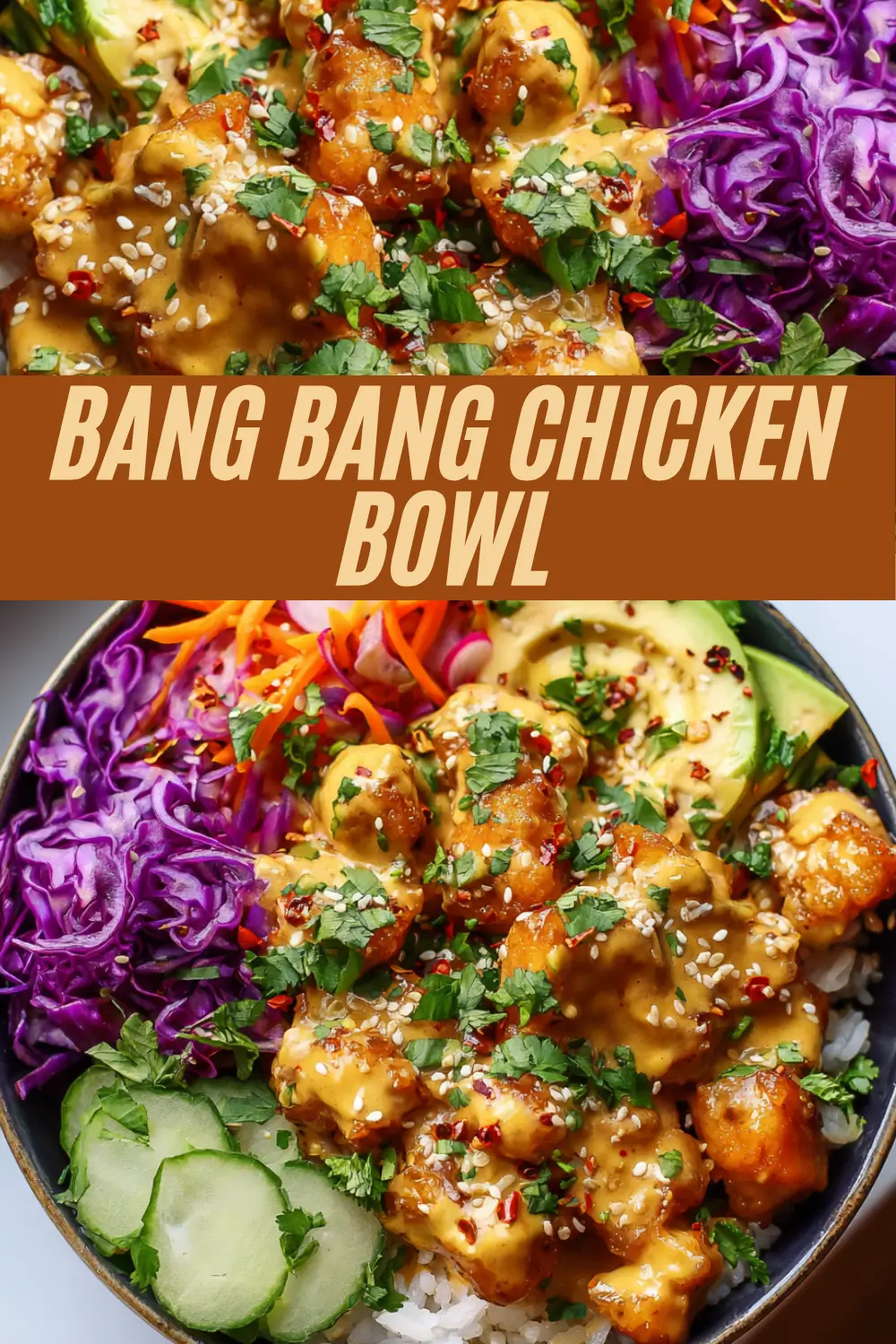 Bang bang chicken bowl with crispy chicken, creamy spicy sauce, cabbage, cucumber, carrot, and avocado on rice