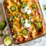 Chicken fajita casserole with rice topped with melted cheese, jalapeños, sour cream, and fresh cilantro