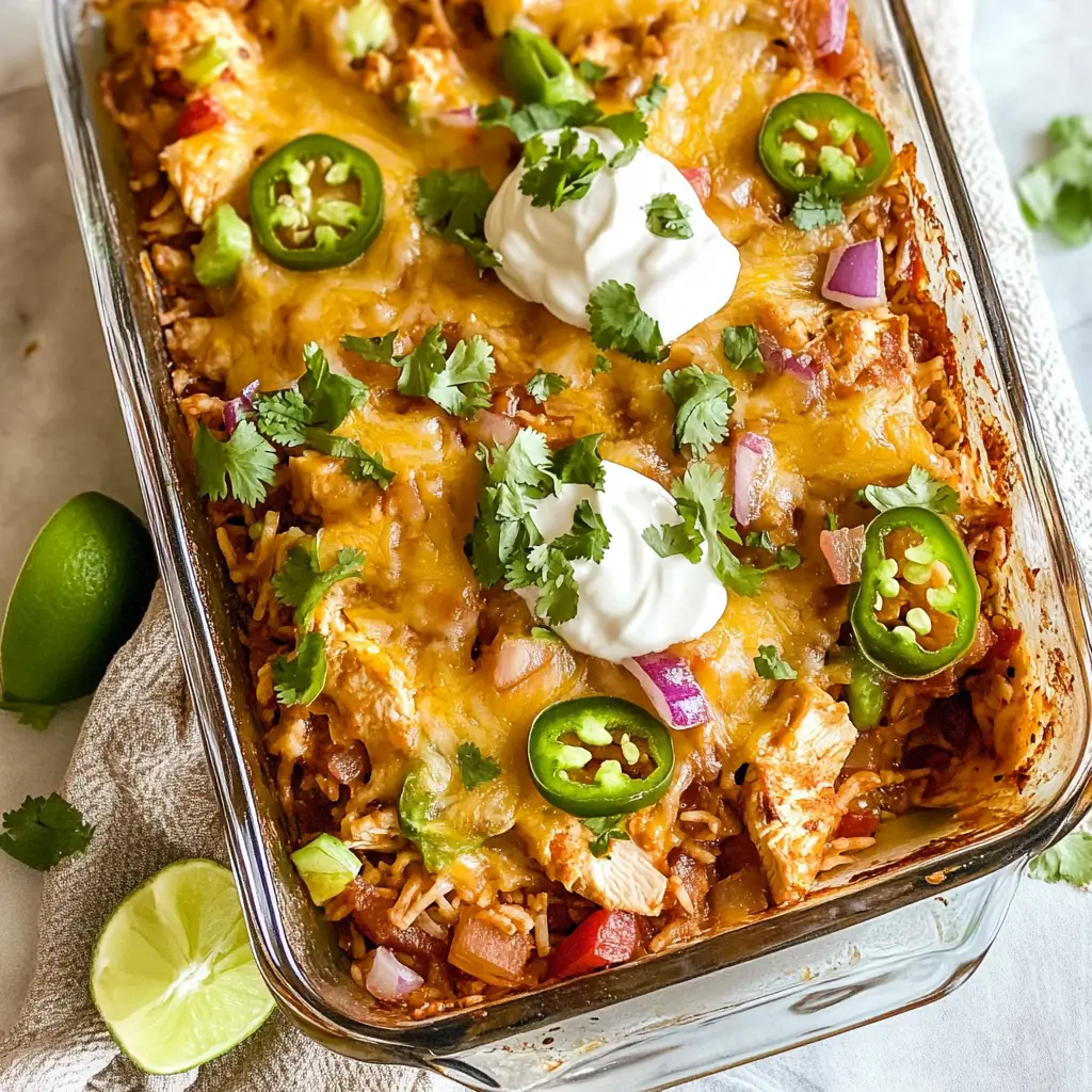 Chicken fajita casserole with rice topped with melted cheese, jalapeños, sour cream, and fresh cilantro