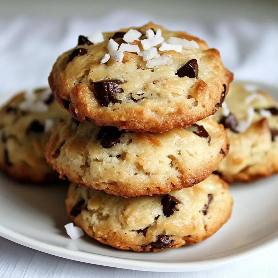 Coconut milk biscuits stacked on a plate, golden brown with chocolate chips and shredded coconut