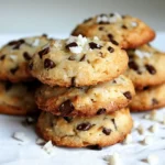 Coconut milk biscuits with chocolate chips, golden brown and topped with shredded coconut