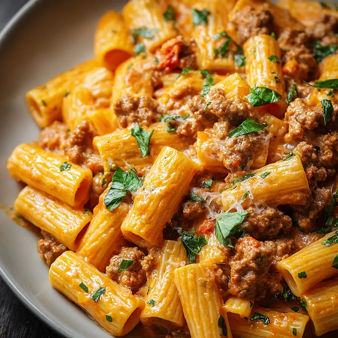 Close-up of creamy sausage rigatoni pasta with fresh parsley garnish