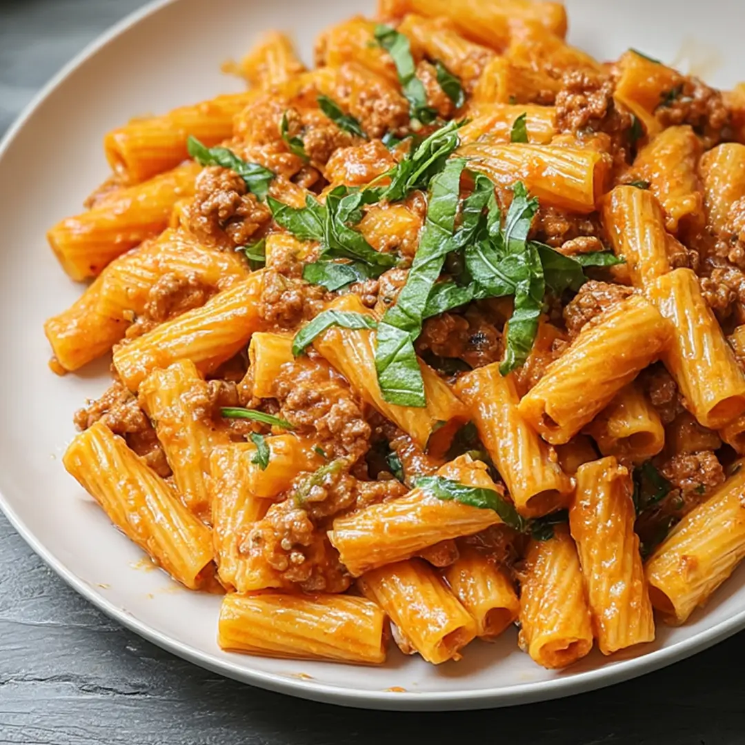Creamy sausage rigatoni pasta topped with fresh herbs on a white plate