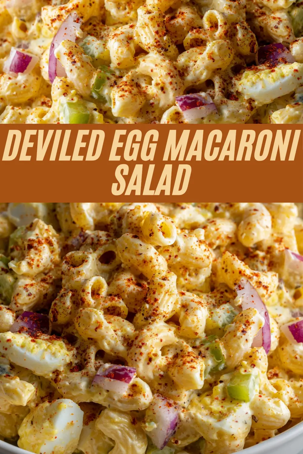 Deviled egg macaroni salad close-up with recipe title in bold text overlay for Pinterest.