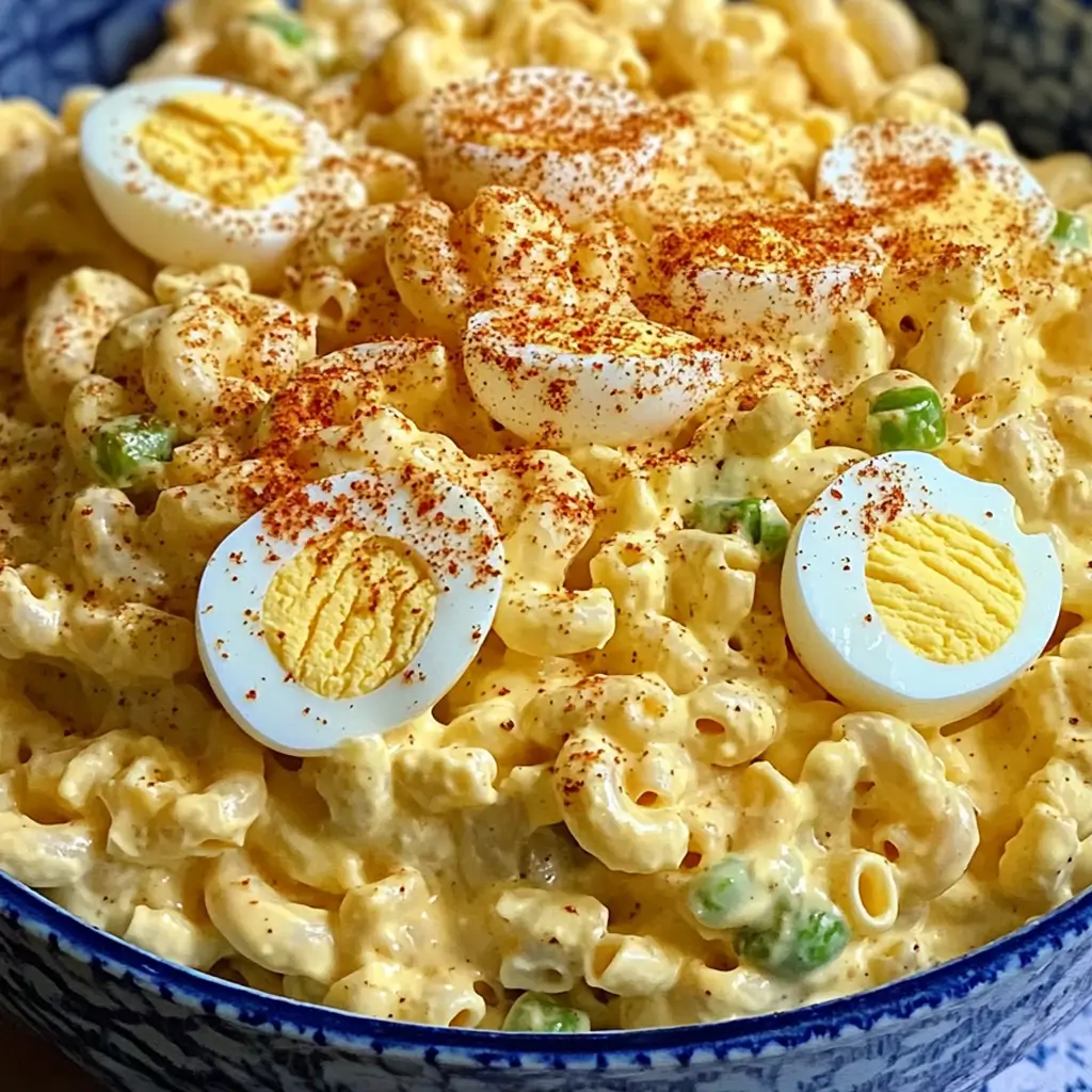 Close-up of creamy deviled egg macaroni salad with paprika and boiled egg slices