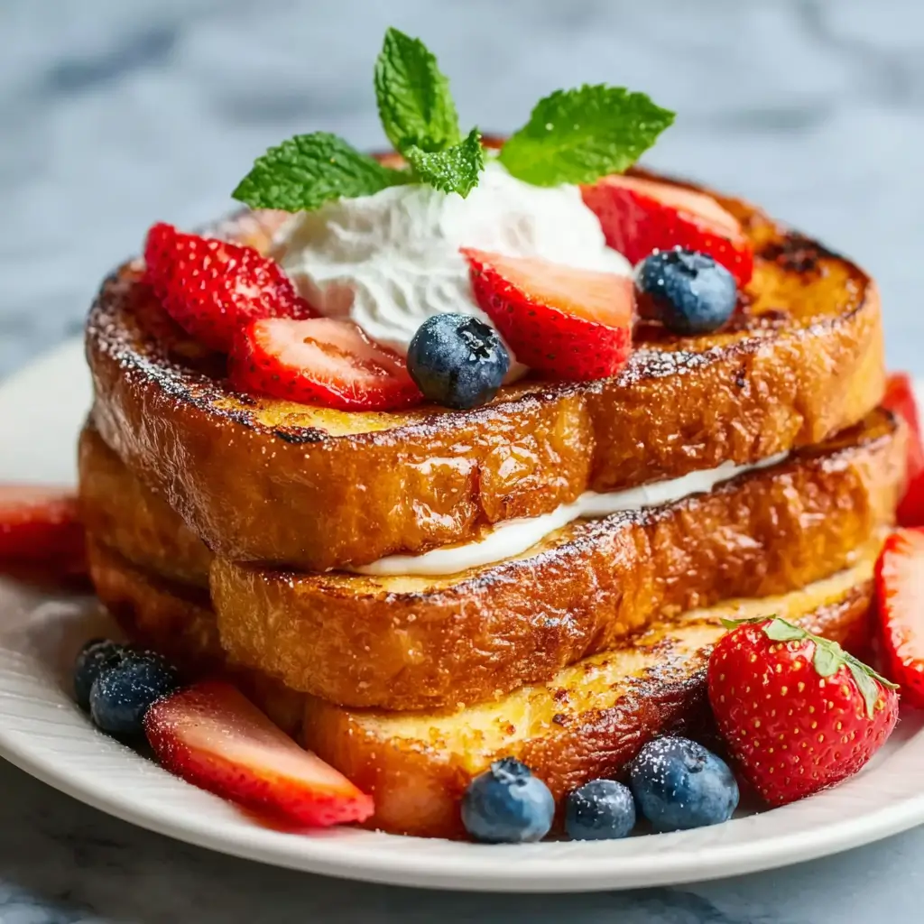 A tall stack of golden-brown eggless French toast on a white plate, topped with whipped cream, fresh sliced strawberries, blueberries, and a mint sprig
