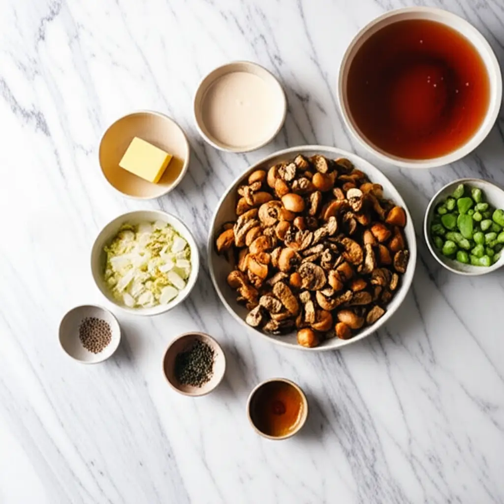 Overhead view of ingredients for keto diet cream of mushroom soup​, including mushrooms, broth, cream, butter, onions, and herbs on a marble surface.