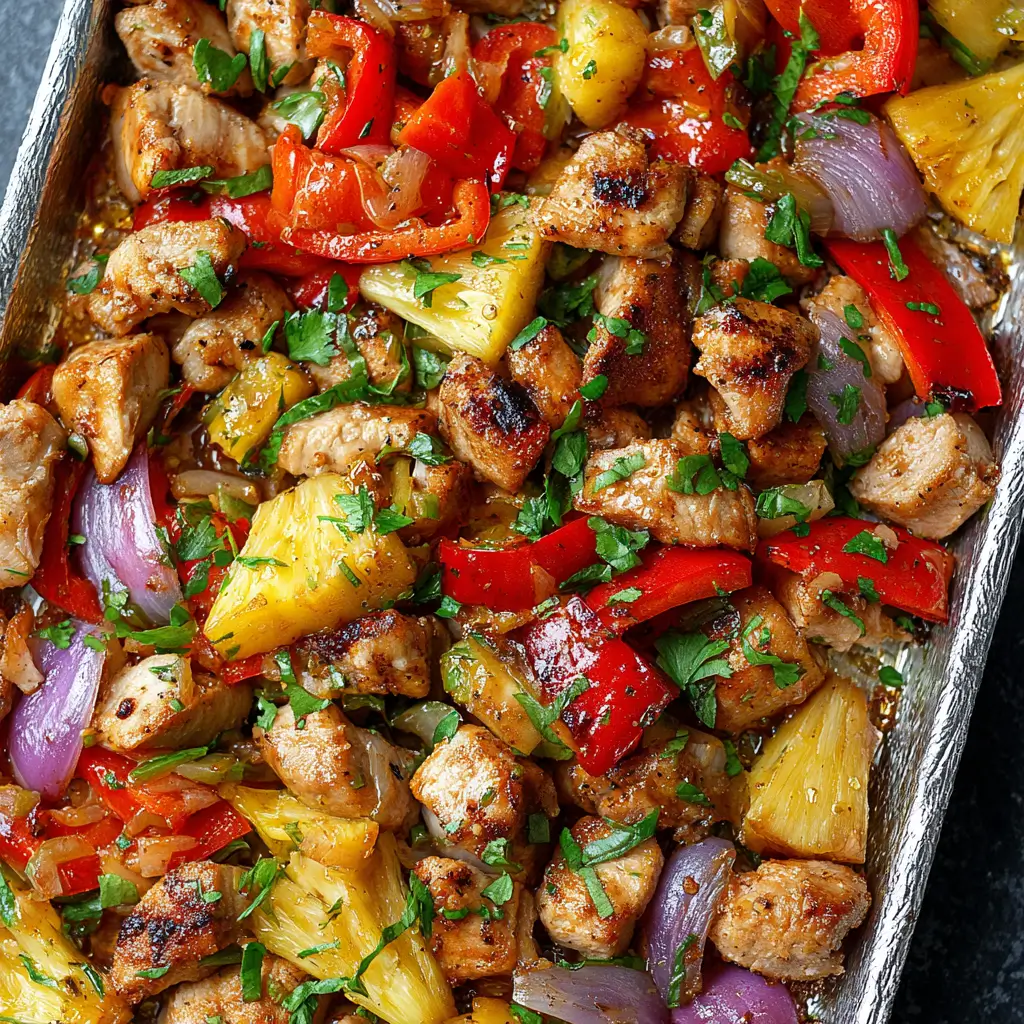 A close-up shot of a Hawaiian chicken sheet pan, featuring perfectly roasted chicken, pineapple, red bell pepper, and red onion, garnished with fresh herbs.