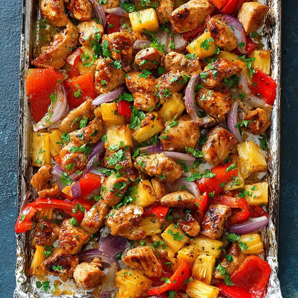 A close-up overhead view of a Hawaiian chicken sheet pan, loaded with juicy chicken chunks, pineapple, red bell peppers, and red onion, garnished with fresh parsley.