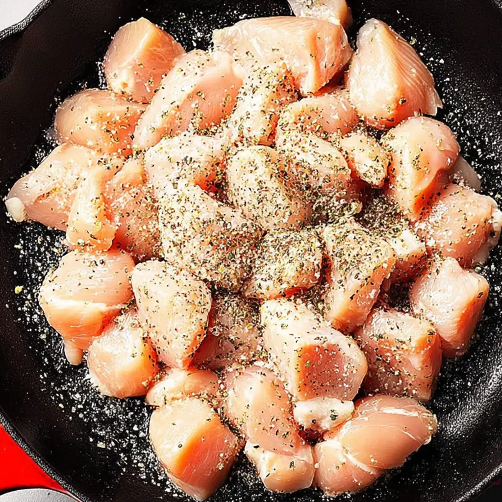 Keto Chicken Alfredo – Seasoned Chicken Breast Cubes Ready for Sautéing