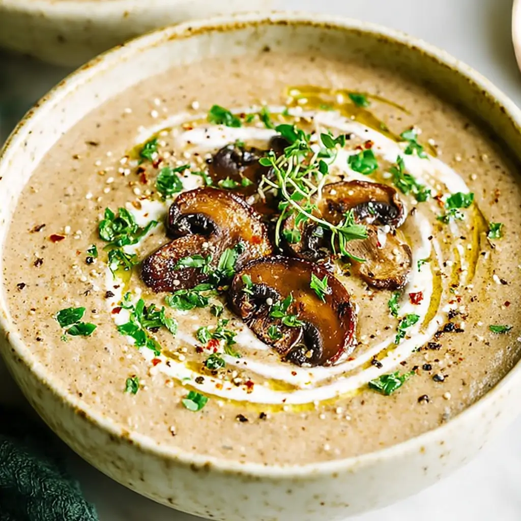 Close-up of a bowl of creamy keto diet cream of mushroom soup, garnished with sautéed mushrooms, fresh herbs, and a drizzle of olive oil.