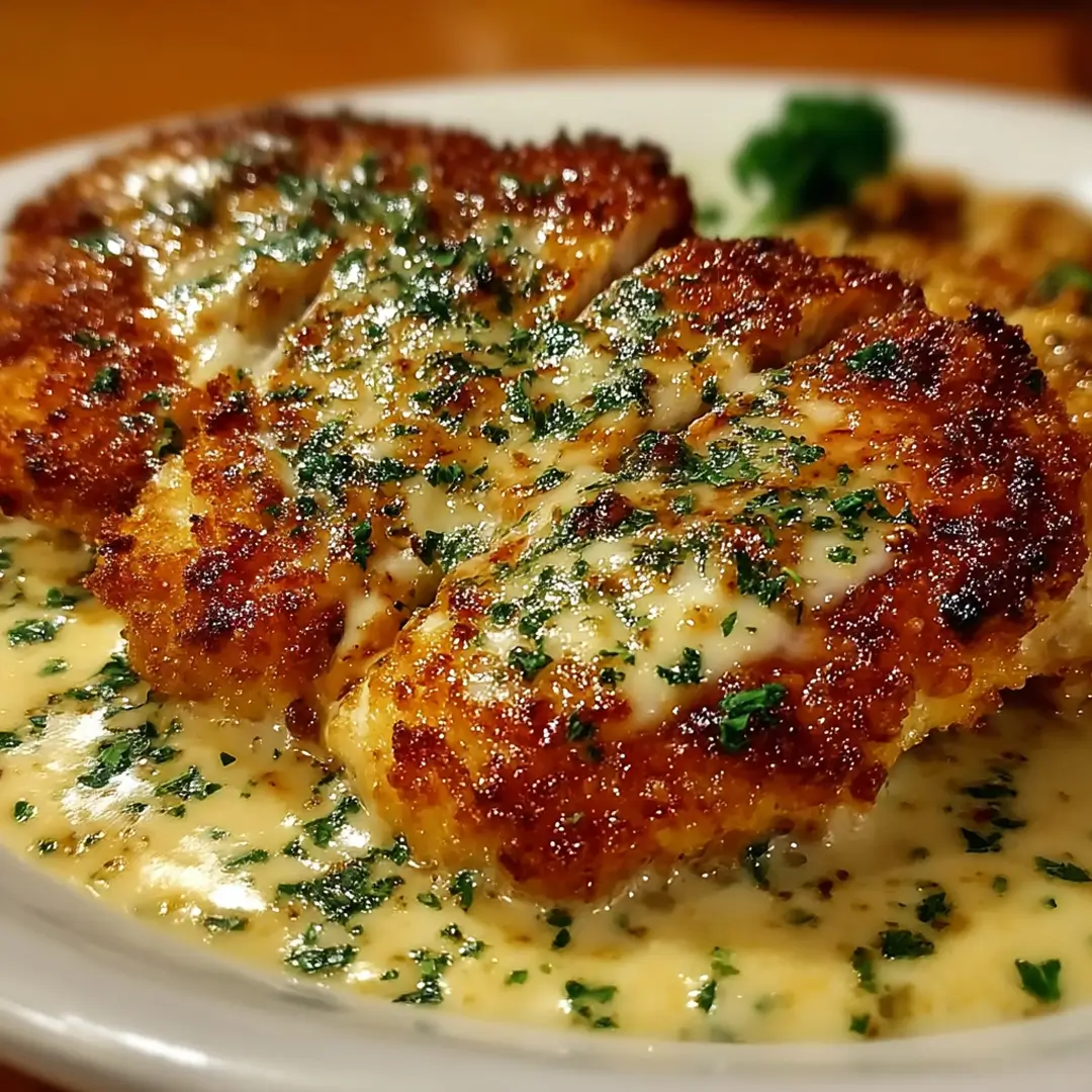 Crispy Longhorn Parmesan Crusted Chicken in a creamy herb-Parmesan sauce