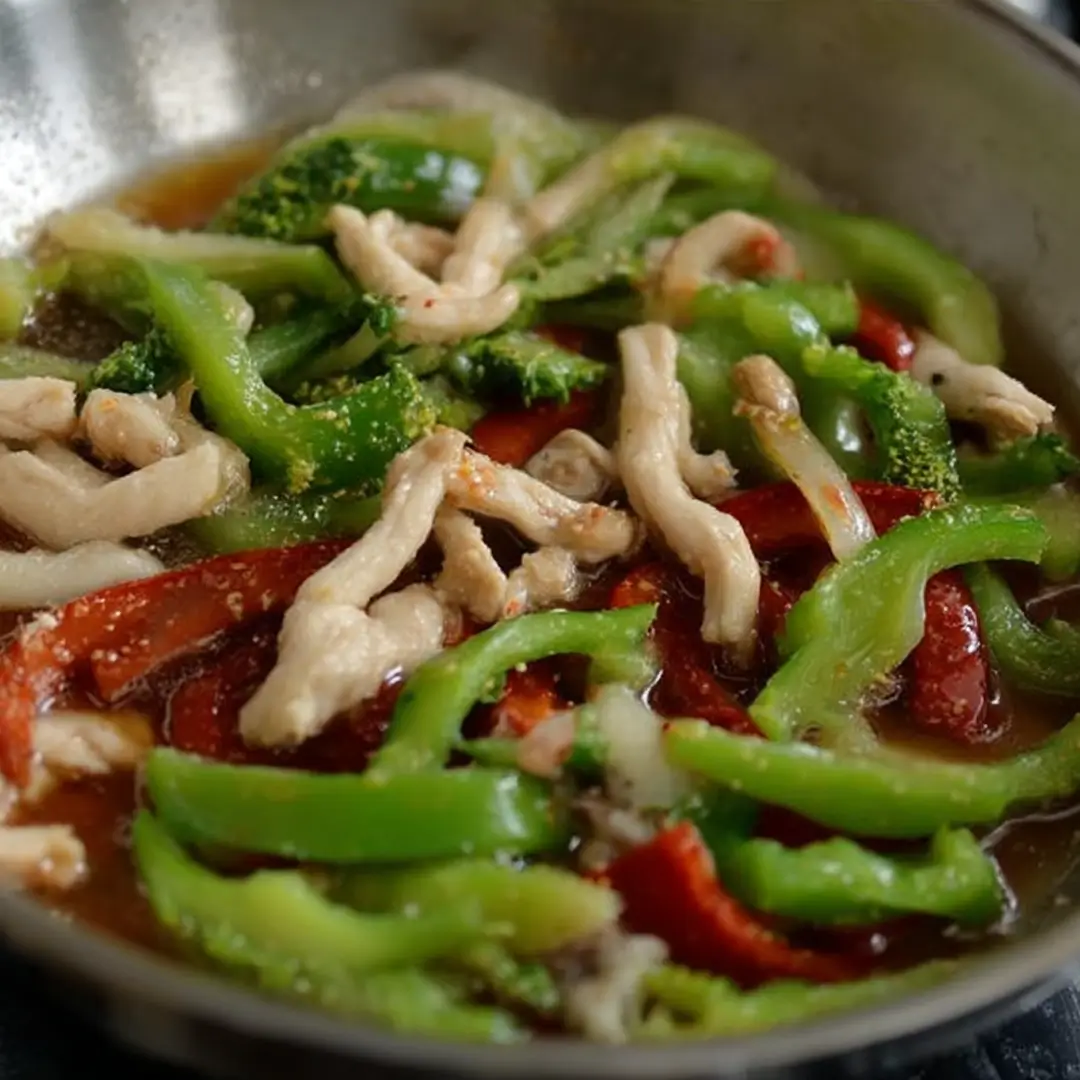 Mango chicken stir fry cooking in a pan with green and red bell peppers