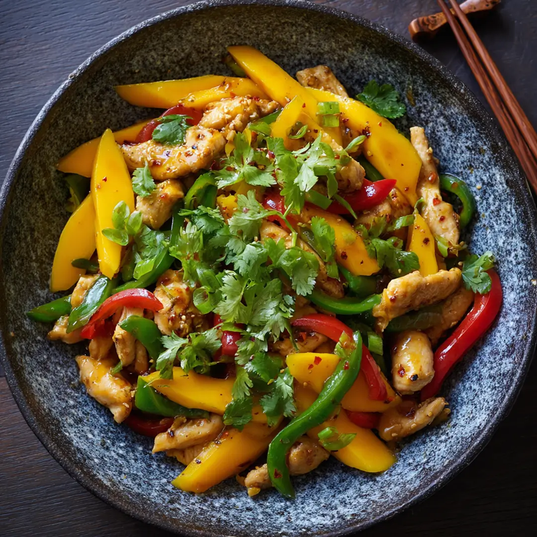 Mango chicken stir fry with bell peppers and cilantro in a black bowl