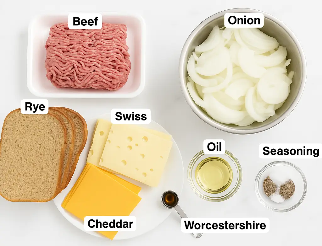 Patty melt with secret sauce recipe ingredients including ground beef, rye bread, cheddar, Swiss cheese, onions, oil, seasoning, and Worcestershire sauce