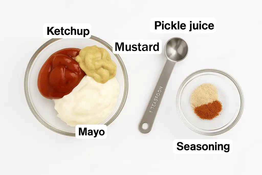 Patty melt with secret sauce recipe ingredients including mayo, ketchup, mustard, pickle juice, and spices in glass bowls