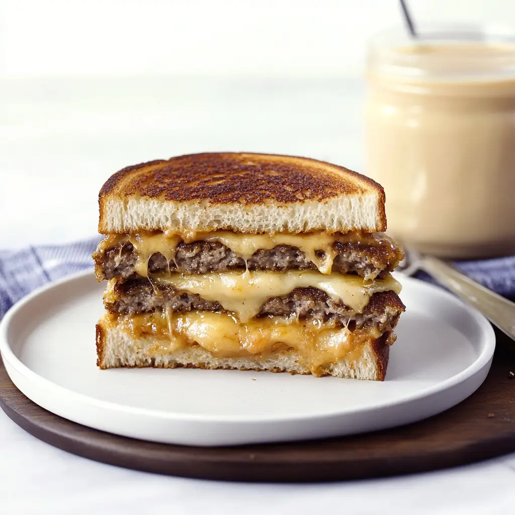 Patty melt with secret sauce recipe featuring melted cheese, grilled beef patties, and toasted bread on a white plate