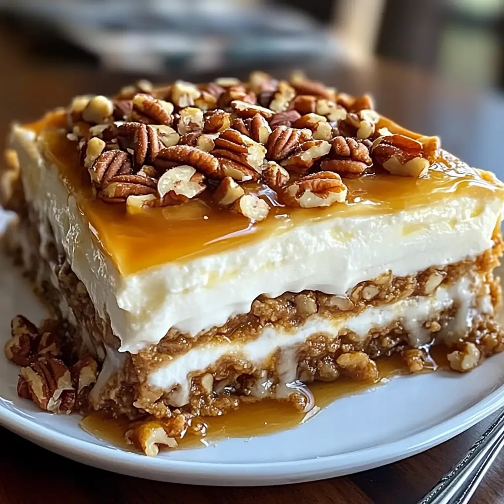 Layered pecan pie lasagna topped with caramel and chopped pecans on a white plate