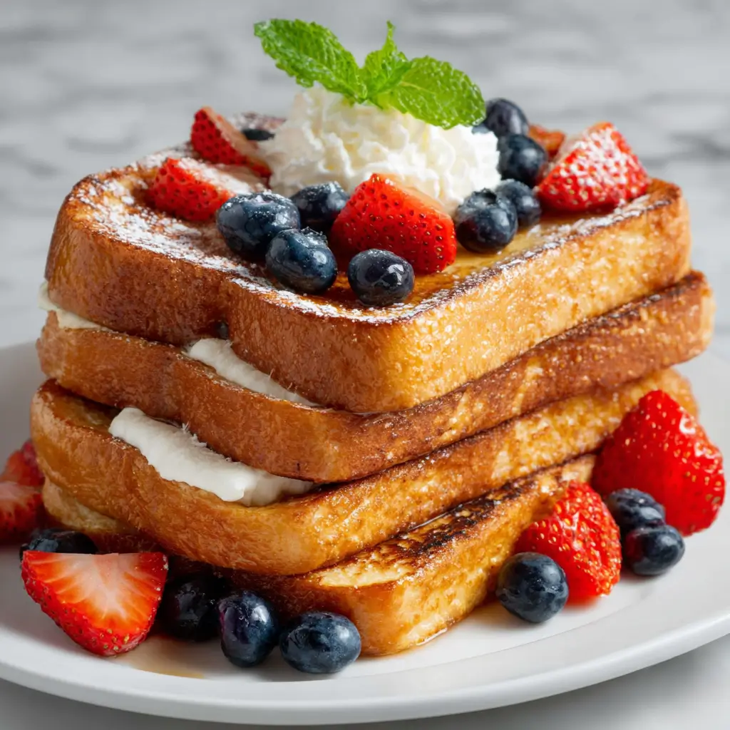 A close-up of a delicious stack of three thick-cut slices of eggless French toast, layered with cream and topped with fresh blueberries, strawberries, and whipped cream