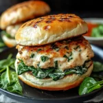 White cheddar spinach chicken burgers with melted cheese and fresh spinach on toasted buns