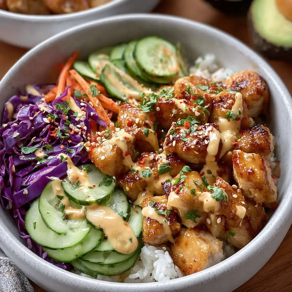 Bang Bang Chicken Bowl with crispy chicken, rice, cucumbers, red cabbage, and spicy mayo