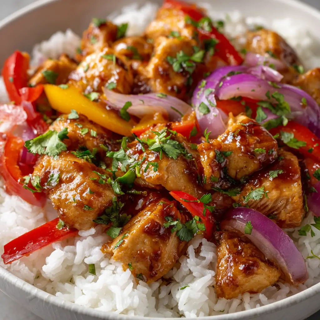 A close-up of a Hawaiian chicken and rice bowl, featuring chicken, red peppers, and onions in a savory sauce, garnished with fresh herbs.