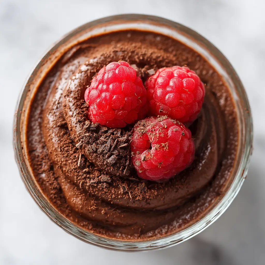 Top-down view of keto cottage cheese chocolate mousse with raspberries and chocolate shavings