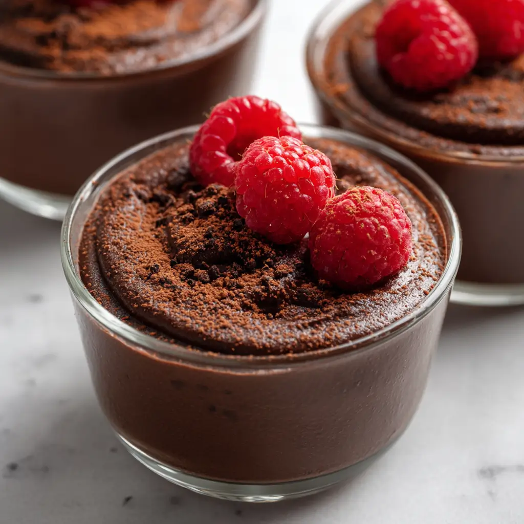 Creamy keto cottage cheese chocolate mousse garnished with fresh raspberries and cocoa powder