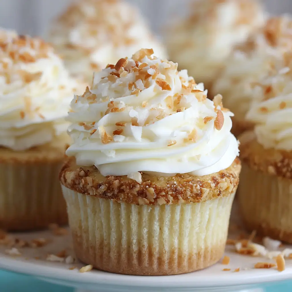Close-up of coconut cream pie cupcakes with creamy frosting and toasted coconut sprinkles